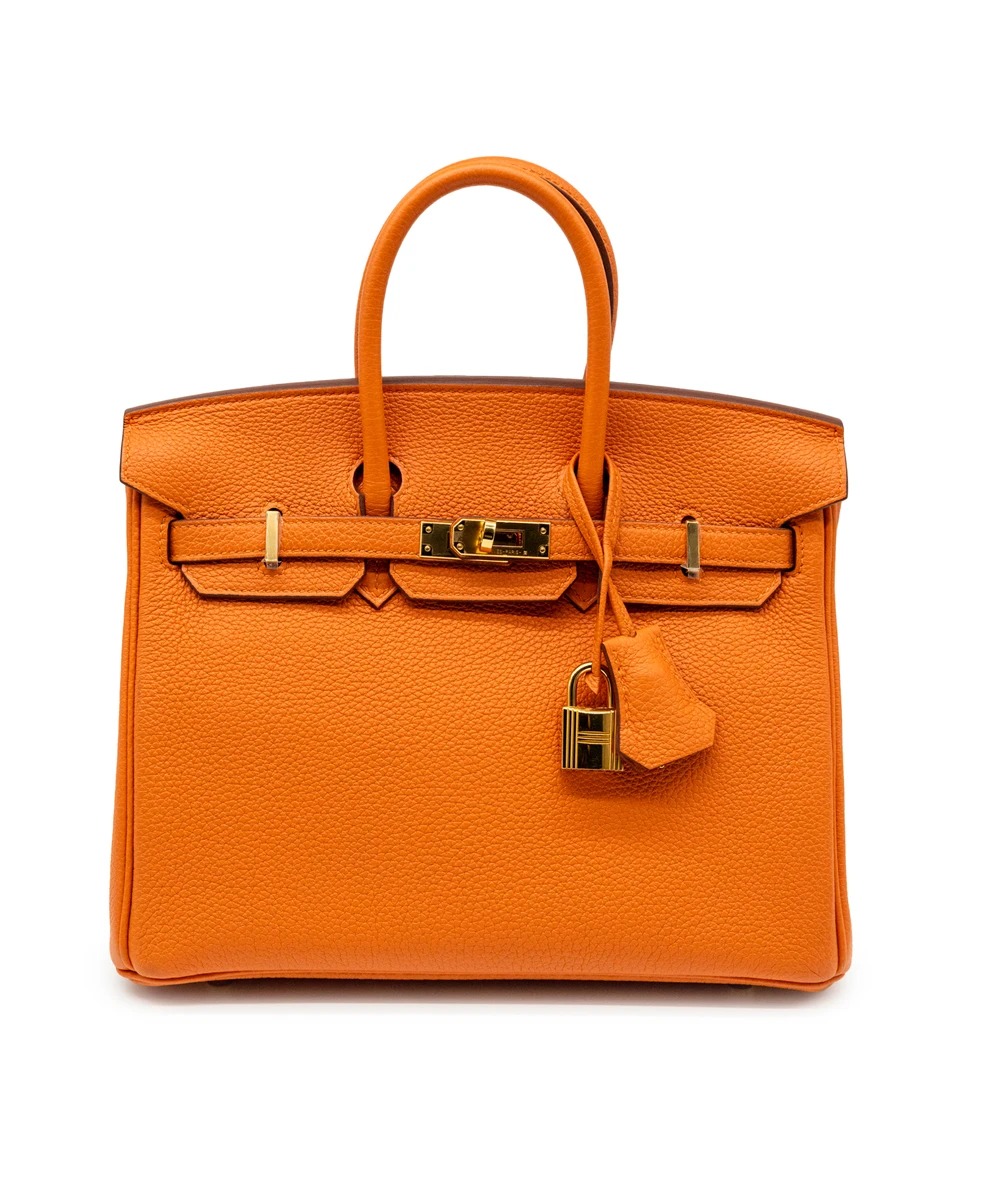 Hermes Birkin (Stamp B) Size 25 Togo Leather handbag in Orange with Gold Hardware Brand New Year 2023