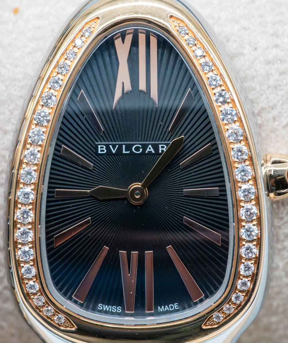 Bvlgari Serpenti 35mm Black Dial 18K Yellow Gold and Stainless Steel Tubogas Women's Wristwatch with Diamond Encrusted Bezel