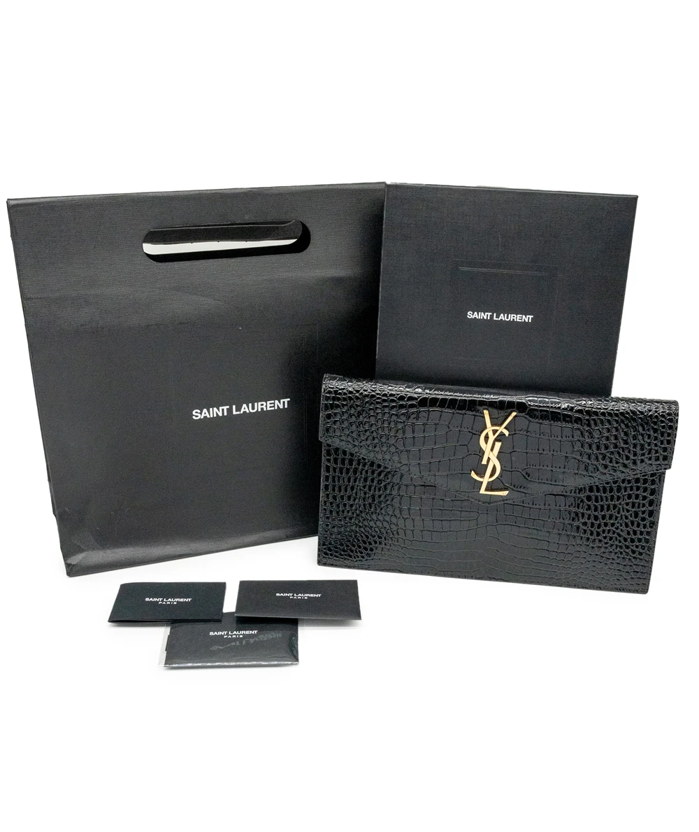 Saint Laurent Black Shine Croc Embossed Leather Medium Uptown Pouch