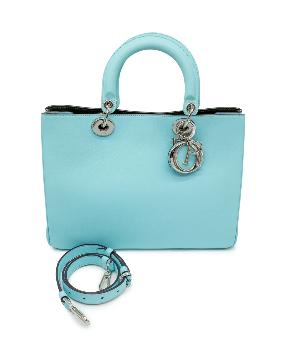 Dior Light Blue & Dark Green Calfskin Leather Medium Diorissimo Shopper Tote Bag