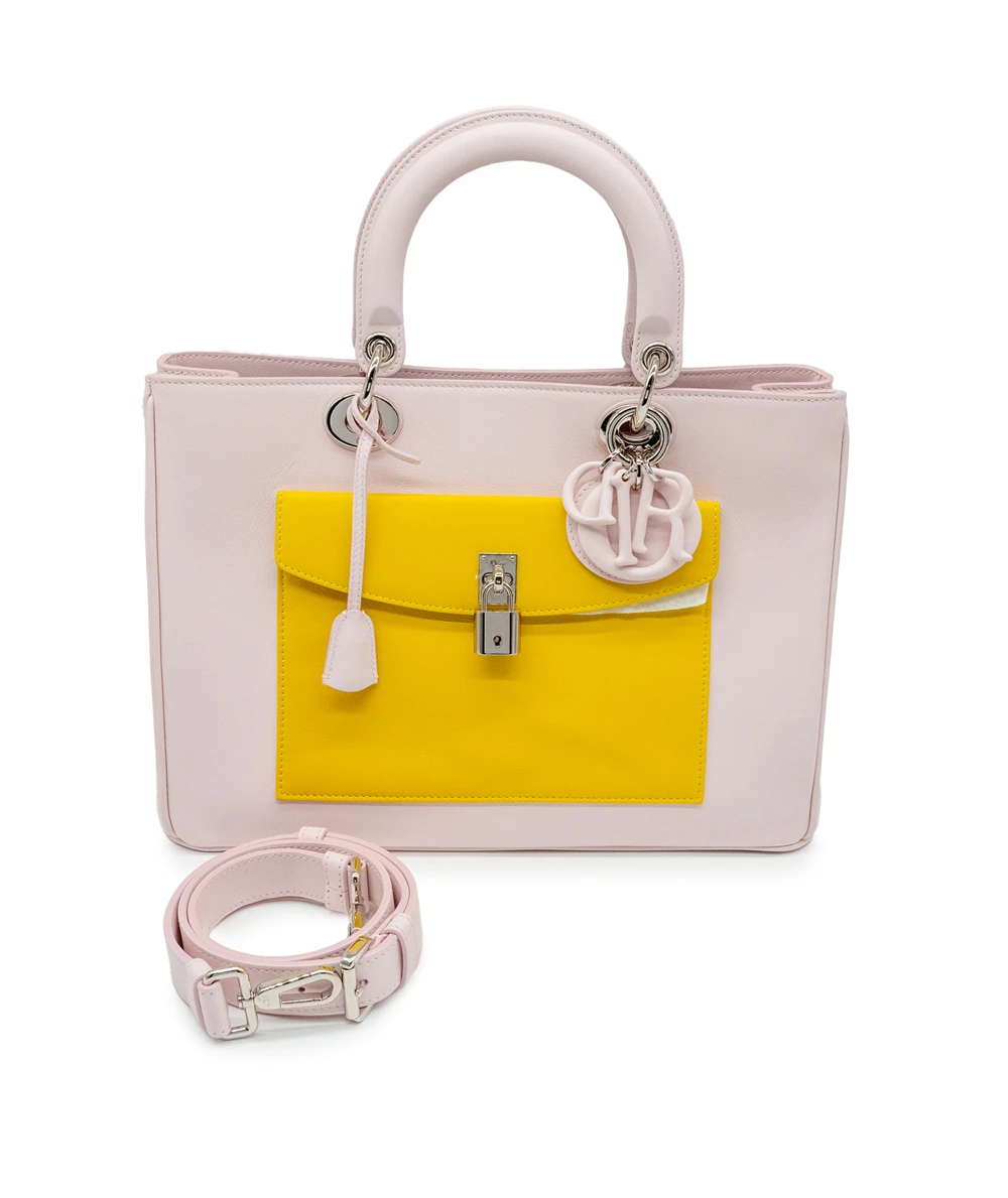 Dior Tri Color (Pink, Yellow, Black) Calfskin Leather Medium Diorissimo Pocket Tote Bag