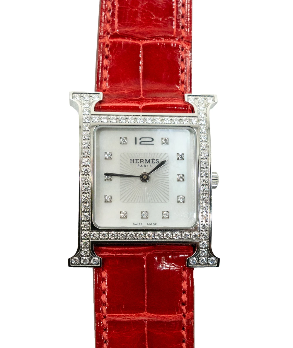 Hermes 30mm Mother of pearl Stainless Steel Diamond Alligator Heure H Medium Women's Watch