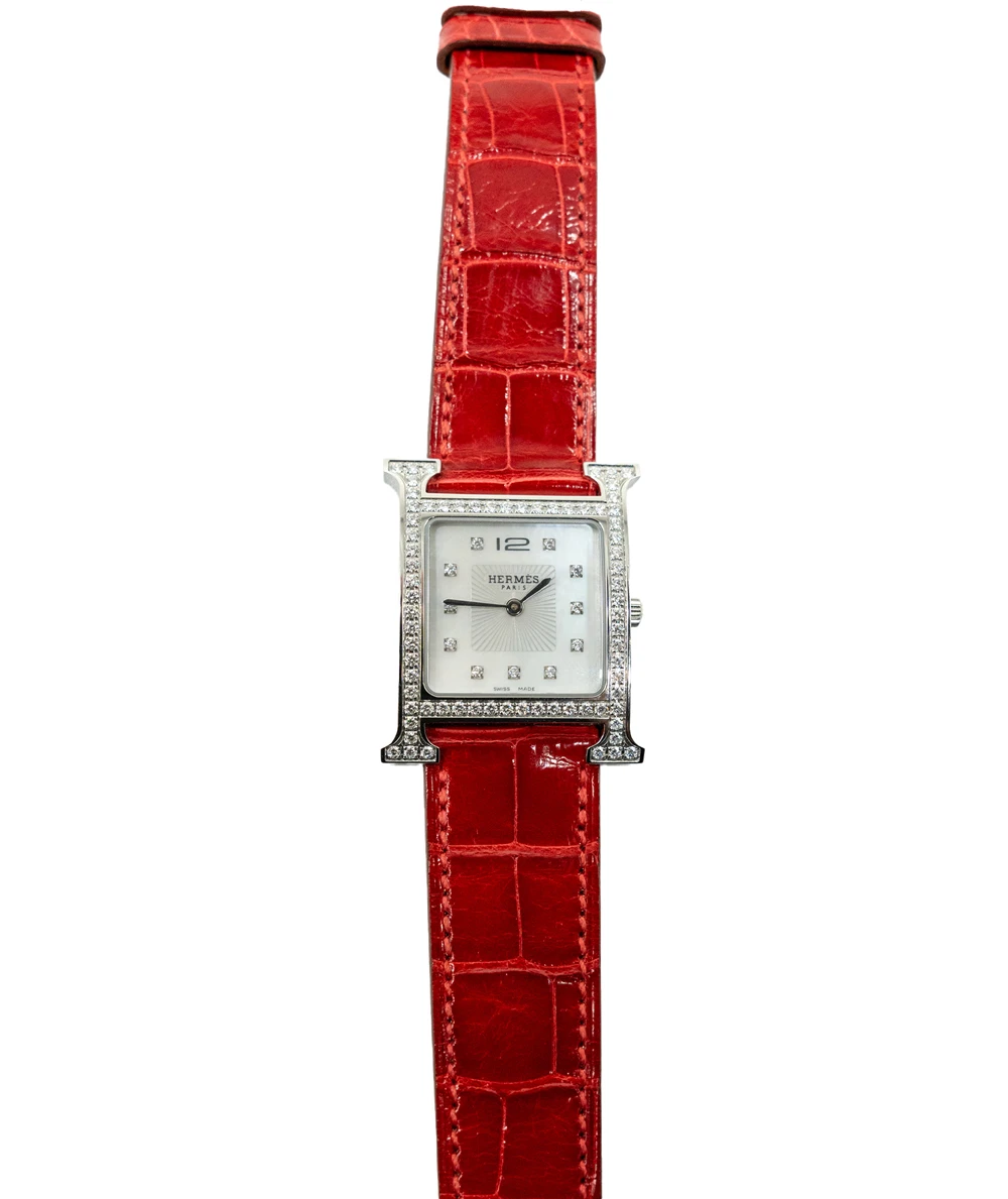 Hermes 30mm Mother of pearl Stainless Steel Diamond Alligator Heure H Medium Women's Watch