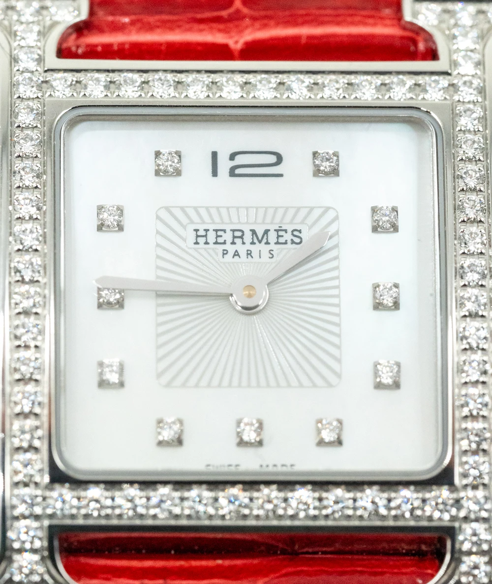 Hermes 30mm Mother of pearl Stainless Steel Diamond Alligator Heure H Medium Women's Watch