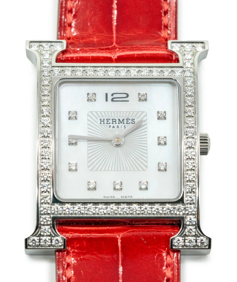Hermes 30mm Mother of pearl Stainless Steel Diamond Alligator Heure H Medium Women's Watch