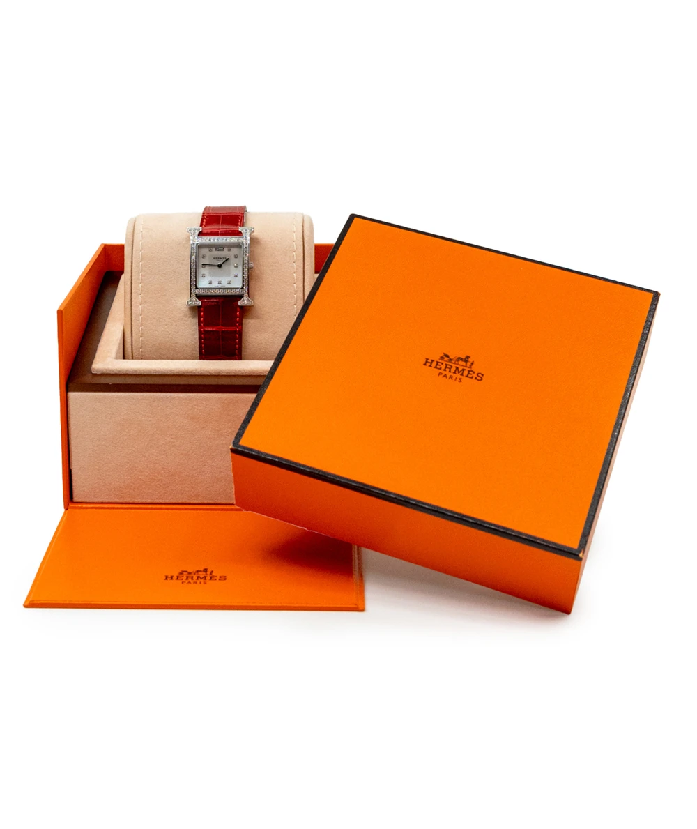 Hermes 30mm Mother of pearl Stainless Steel Diamond Alligator Heure H Medium Women's Watch