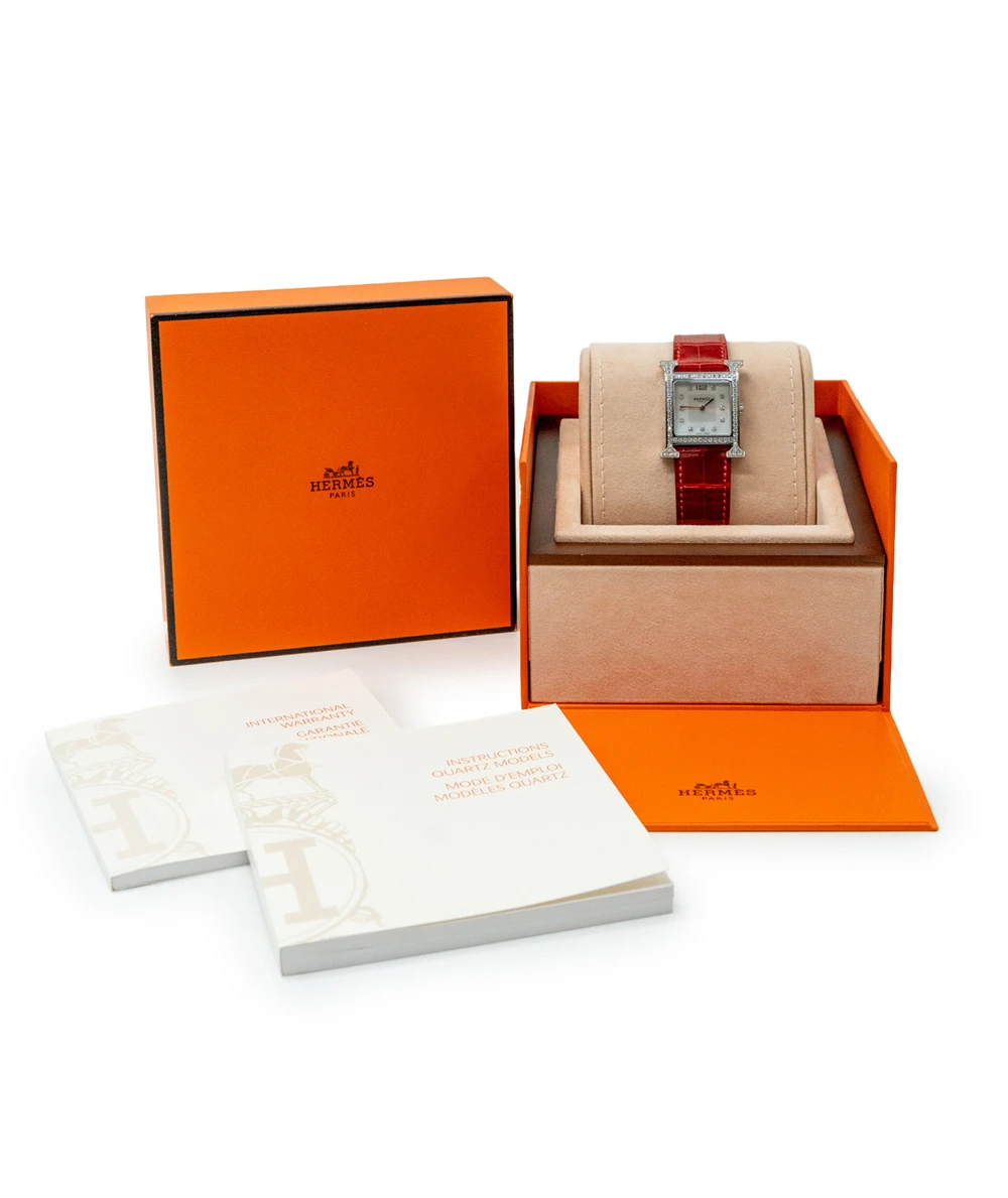 Hermes 30mm Mother of pearl Stainless Steel Diamond Alligator Heure H Medium Women's Watch