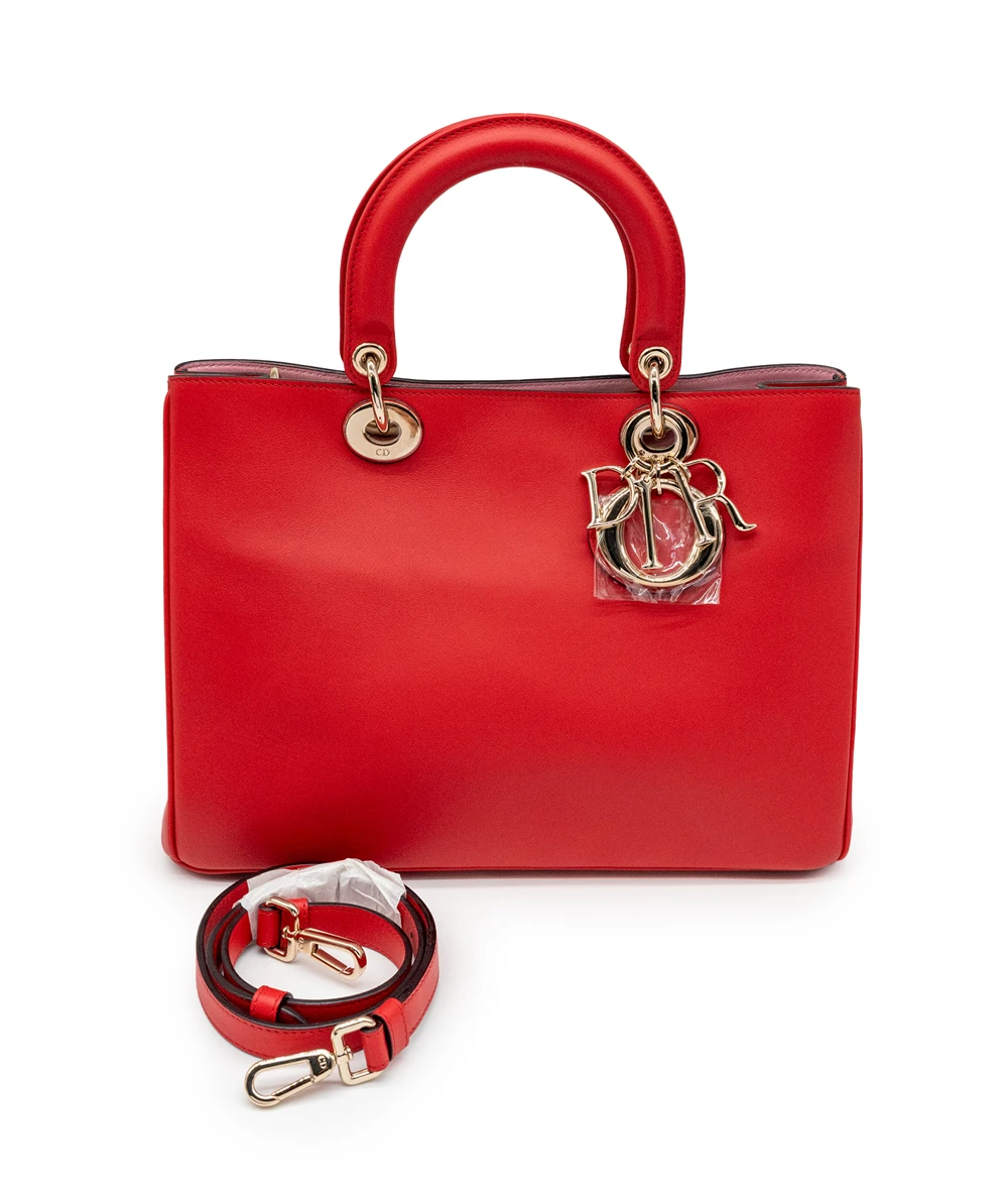 Dior Red & Light Pink Calfskin Leather Medium Diorissimo Shopper Tote Bag