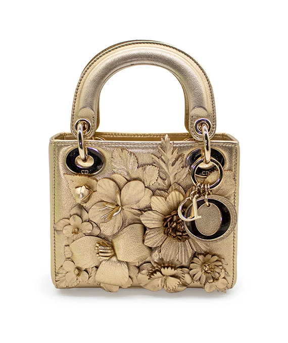 Christian Dior Gold Ultra Matte Lady Dior Flower Embroidered Lambskin Mini Bag