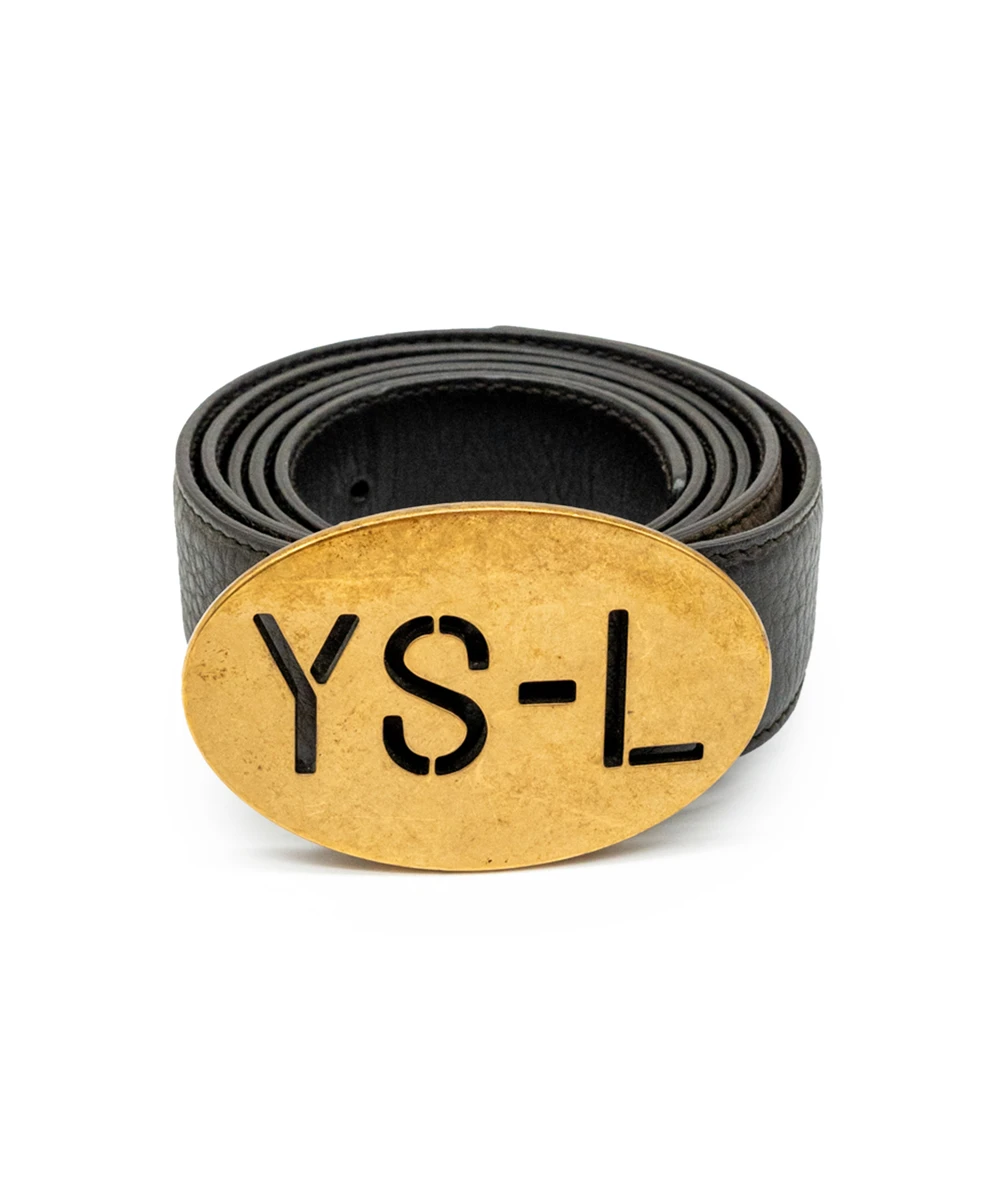 Yves Saint Laurent Men's Belt in Dark Brown Leather with Gold YSL Oval Buckle