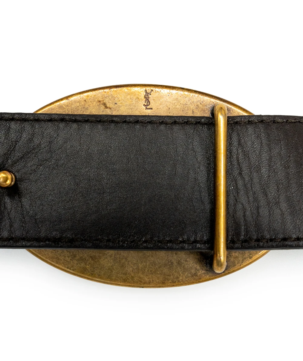 Yves Saint Laurent Men's Belt in Dark Brown Leather with Gold YSL Oval Buckle