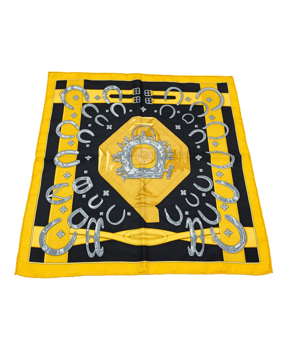 Hermes Black/Yellow 42 x 42cm Porte-Bonheur Printed Silk Square Scarf