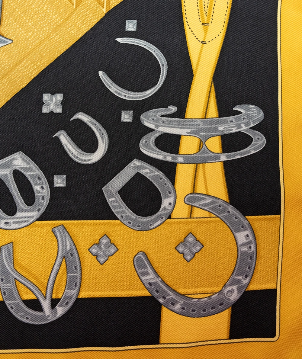 Hermes Black/Yellow 42 x 42cm Porte-Bonheur Printed Silk Square Scarf