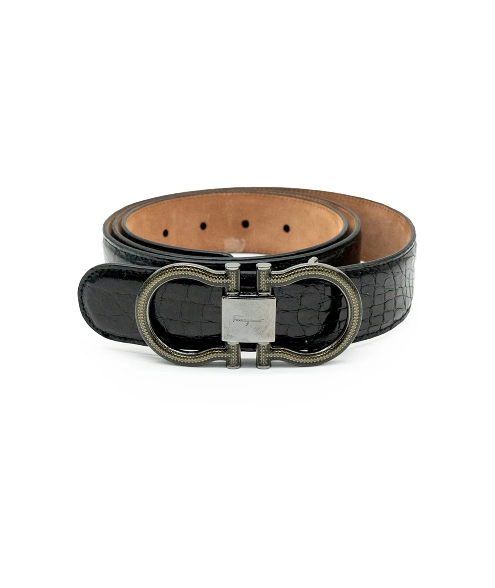 Salvatore Ferragamo Gancini Black Crocodile Leather Special Edition Men's Belt