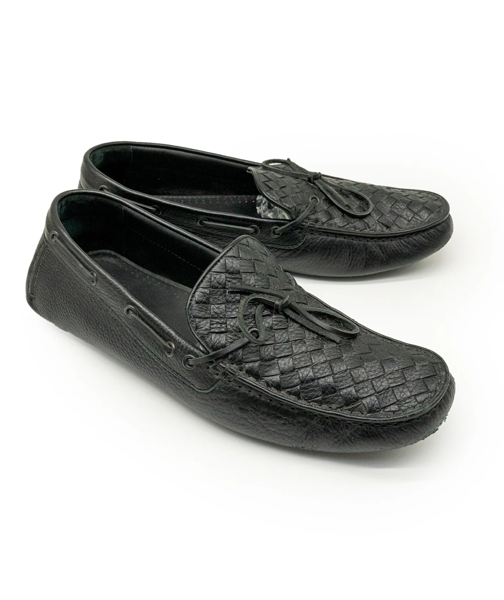 Bottega Veneta Black Intrecciato Leather Cervo Wave Driver Bow Slip On Loafers in Size 43