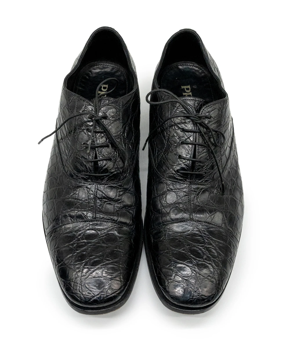 Prada Crocodile Lace Up Leather Shoes in Black Size 43