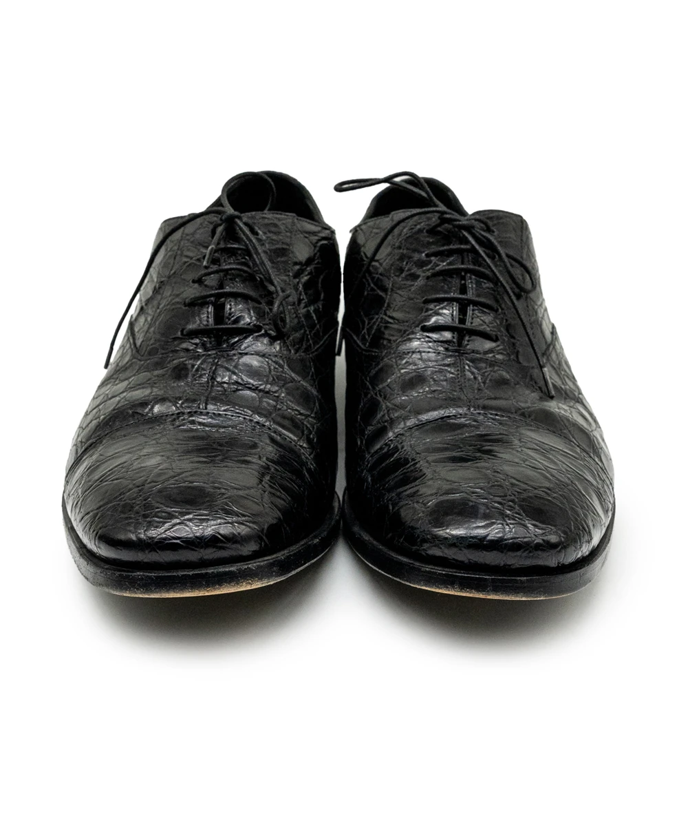 Prada Crocodile Lace Up Leather Shoes in Black Size 43