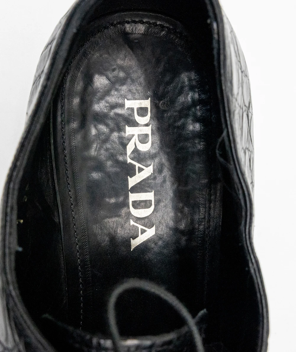 Prada Crocodile Lace Up Leather Shoes in Black Size 43