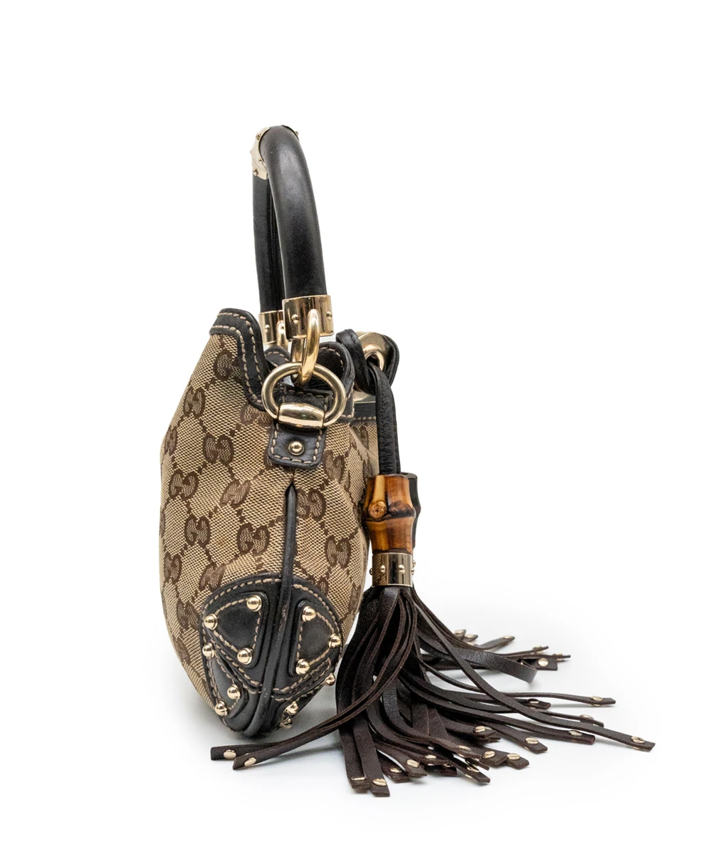 Gucci Monogram Canvas and Leather Mini Indy Top Handle Hobo Bag in Brown and Beige