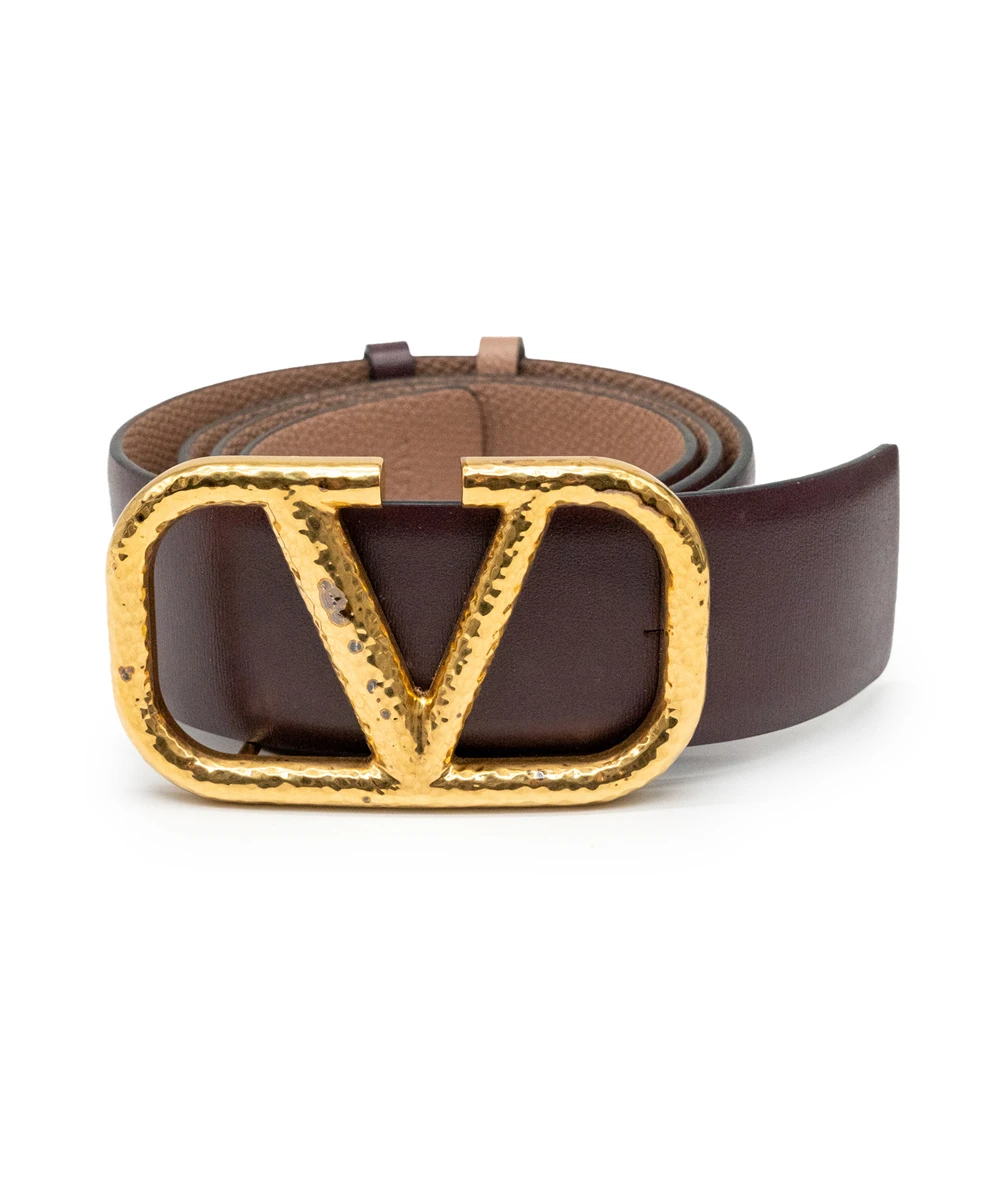 Valentino Dark Brown / Pink Calfskin Hammered VLogo Reversible 40mm wide 90cm Belt