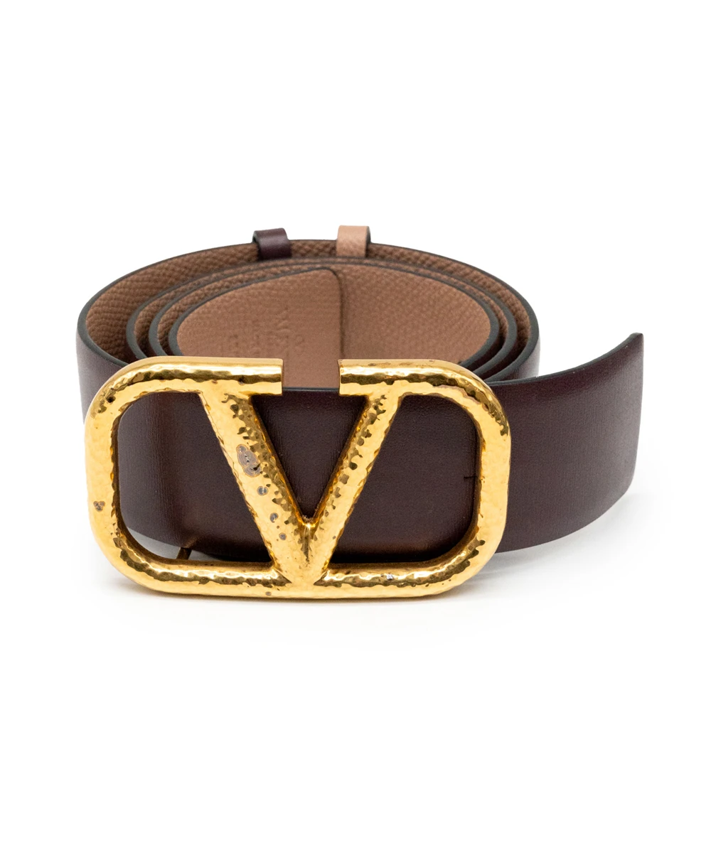 Valentino Dark Brown / Pink Calfskin Hammered VLogo Reversible 40mm wide 90cm Belt