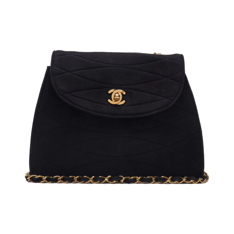 Chanel Black Suede Round Flap Turn Lock Chain Shoulder Bag