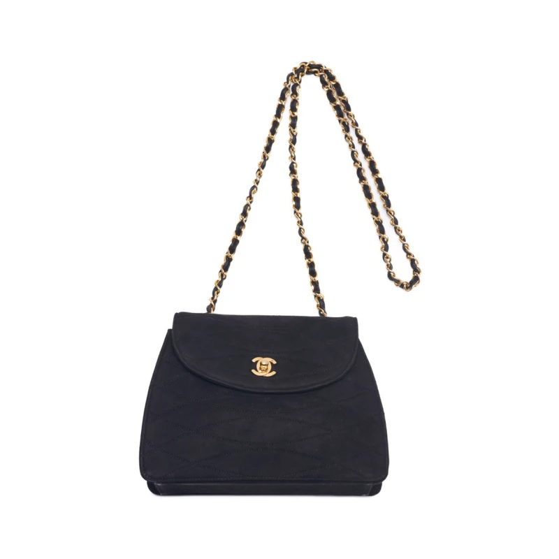 Chanel Black Suede Round Flap Turn Lock Chain Shoulder Bag