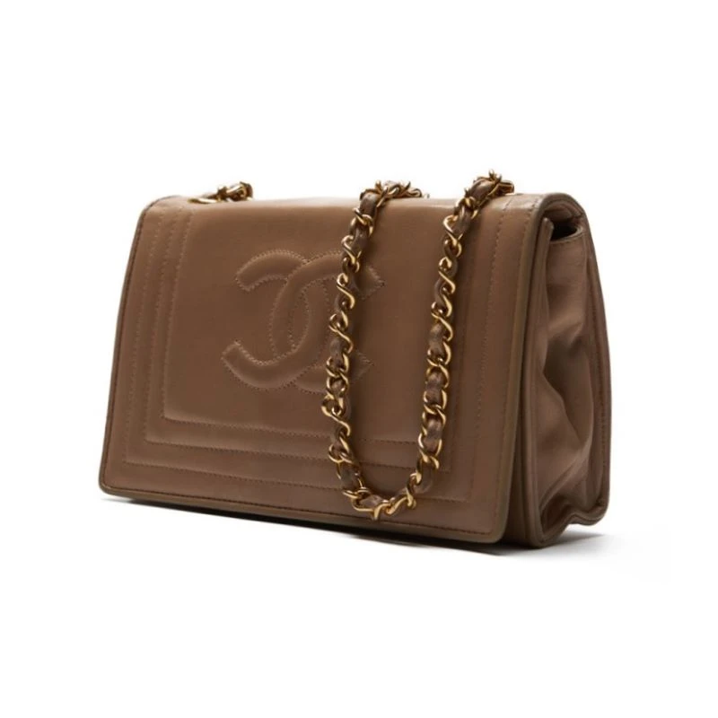 Chanel Brown Lambskin Matlasse Full Flap Push-Lock Chain Shoulder Bag