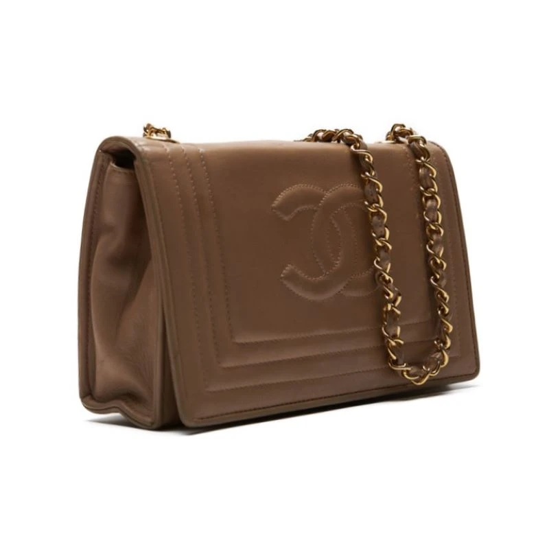 Chanel Brown Lambskin Matlasse Full Flap Push-Lock Chain Shoulder Bag