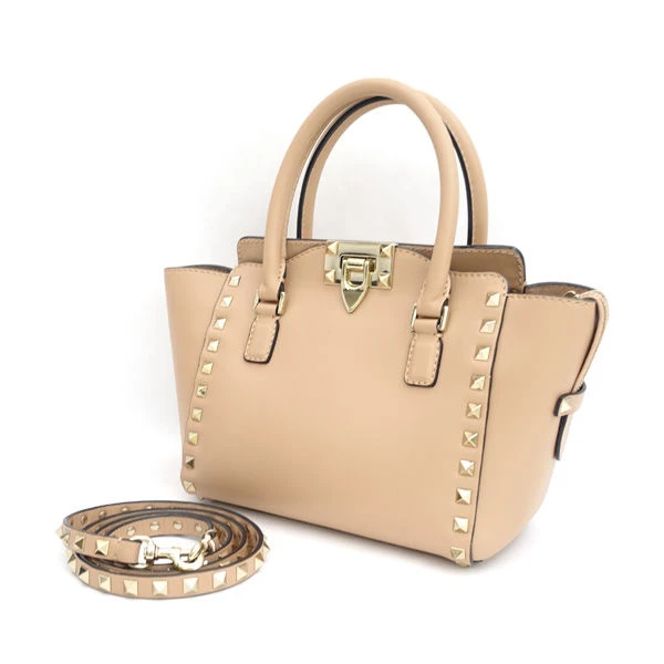 Valentino Garavani Beige Leather Mini Rockstud Trapeze Tote