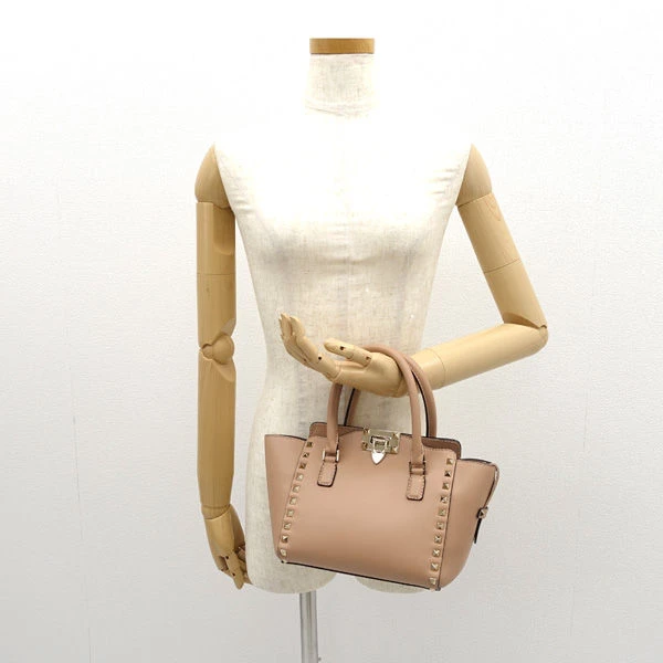 Valentino Garavani Beige Leather Mini Rockstud Trapeze Tote