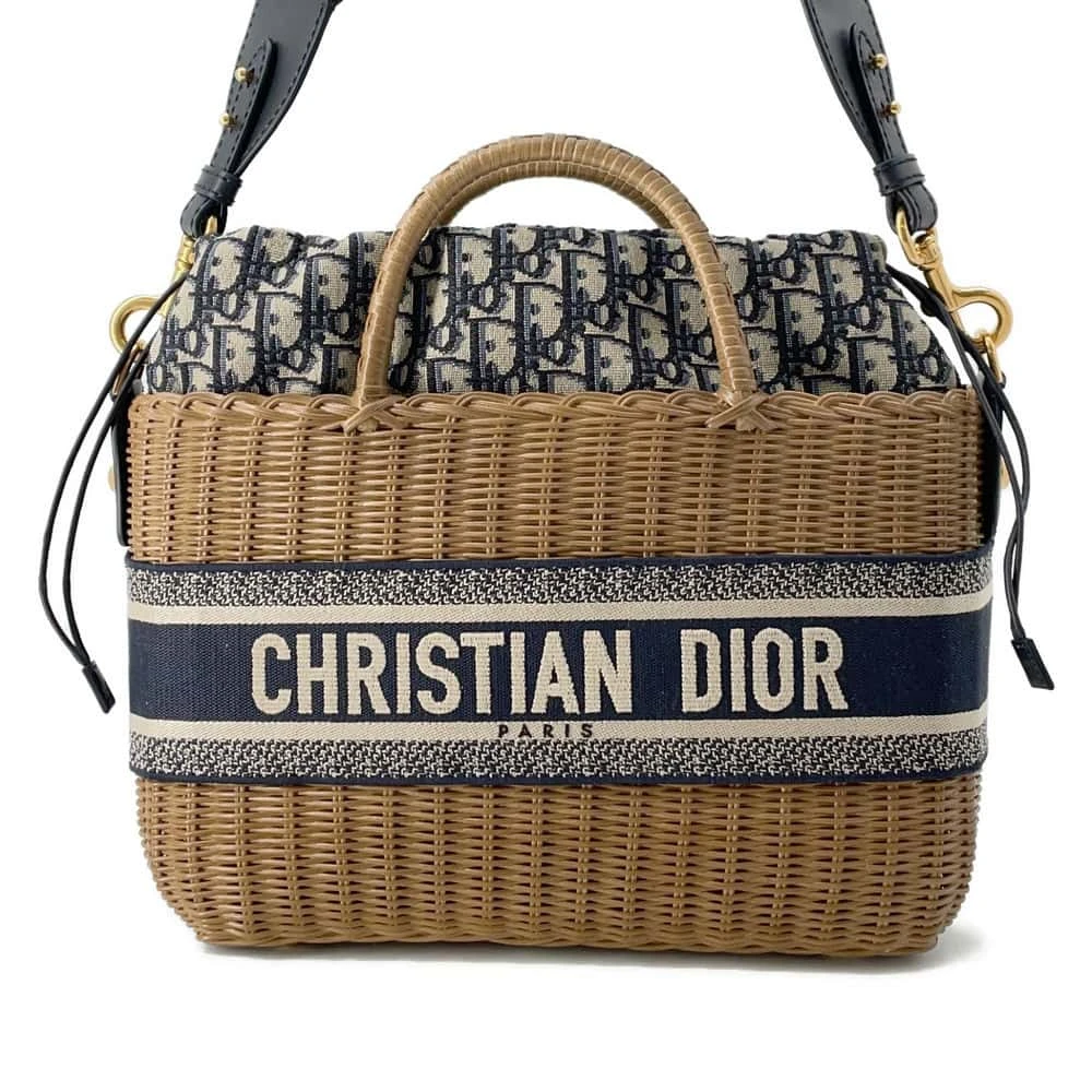 Dior Natural Wicker and Blue Oblique Canvas Brown Basket Bag